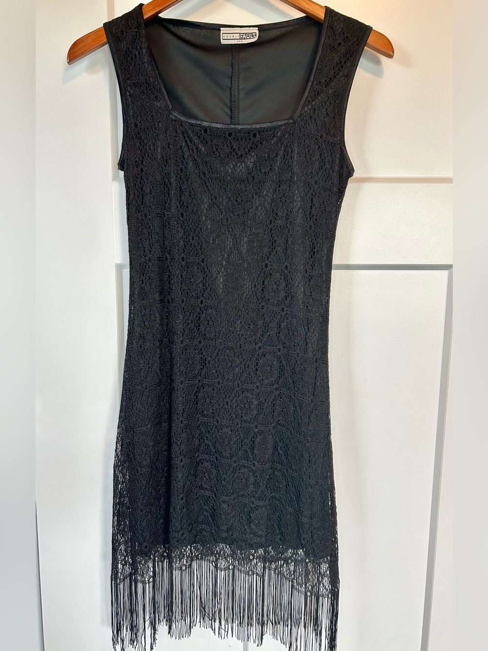 Double Fault USA Black Lace Fringe Dress Vintage Small S Whimsigoth Party Mini